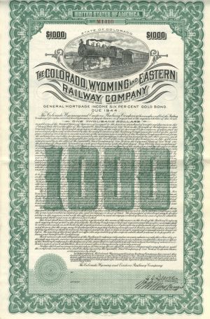 Colorado, Wyoming and Eastern Railway - 1914 dated $1,000 Railroad Bond (Uncanceled) - Extremely Rare